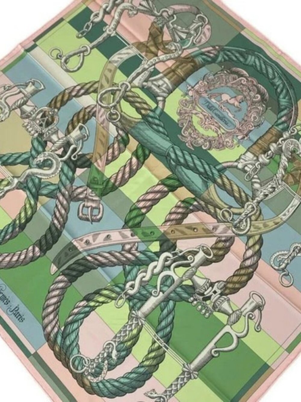 HERMES Carre 90 Green Light Pink Multi Scarf